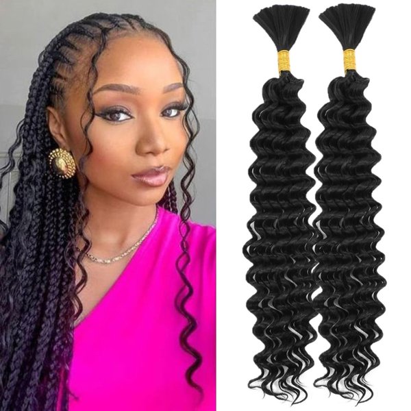 Human Braiding Hair 24 Inch Deep Wave Bulk Human Hair for Braiding No Weft 100% Unprocessed Brazilian Virgin Human Hair Extensions for Boho Braids Natural Color 100g (1Pack-2Bundles)