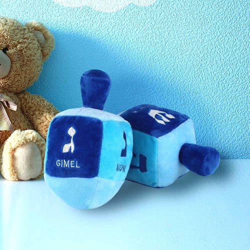 Aviv Judaica Stuffed Plush Dreidel with Rattle for Hanukkah - 6" x 3" Embroidered with The Hebrew Drydel Letters and English Transliteration My First Chanukah Gift