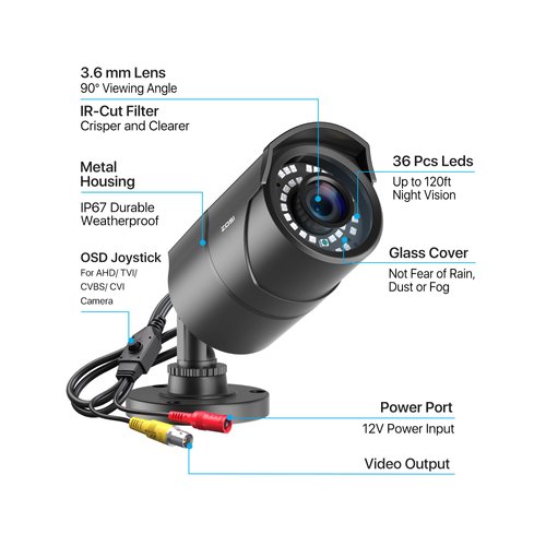 ZOSI 2MP HD 1080p 1920TVL Security Camera Outdoor Indoor (Hybrid 4-in-1 HD-CVI/TVI/AHD/960H Analog CVBS), 36PCS LEDs,120ft IR Night Vision,105° View Angle Surveillance CCTV Bullet Camera（Black Color)