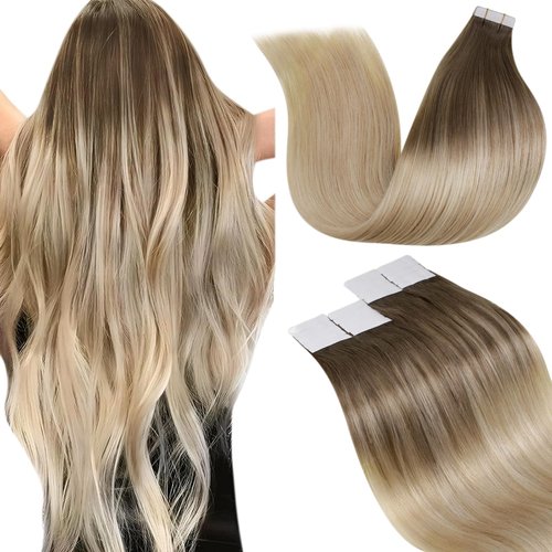 LaaVoo Hair Extensions Real Human Hair Tape in Ombre Tape in Hair Extensions Human Hair Balayage Brown to Ash Blonde Mix Platinum Blonde Human Hair Tape in Extensions 14 Inch 40pcs 100g