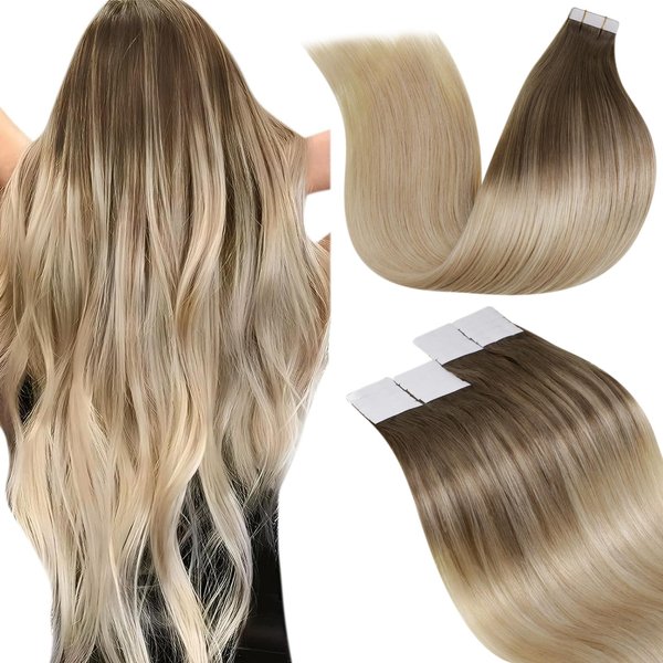 LaaVoo Hair Extensions Real Human Hair Tape in Ombre Tape in Hair Extensions Human Hair Balayage Brown to Ash Blonde Mix Platinum Blonde Human Hair Tape in Extensions 14 Inch 40pcs 100g