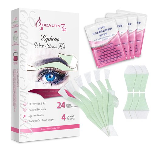 Beauty7 Eyebrow Wax Strips Kit Facial Wax Strips Hair Removal Eyebrow Shaper at Home Waxing 24 Strips 4 Calming Oil Wipes for Sensitive All Skin Types Women (Eyebrow Wax Strips)