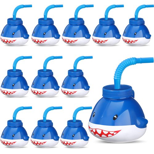 Zubebe Shark Party Decorations 10 oz Shark Cups with Straws Lids Kids Shark Birthday Supplies Plastic Cups Reusable Boys Girls Sippy Cups for Kids Ocean Pool Baby Shower Christmas Party Favor(12 Pcs)