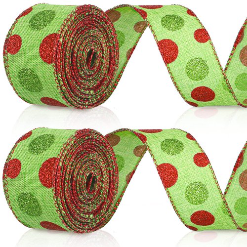 Tatuo 2 Rolls Christmas Wired Ribbon Christmas Glitter Burlap Ribbon Green Red Polka Dot Ribbon Christmas Tree Decoration DIY Craft Bows Wreath(Green Base, 1.5 Inch x 6 Yard Per Roll)