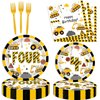 118 Pcs Construction 4th Birthday Decor Construction Four Years Old Paper Dinner Plates Napkins Forks Cups Tablecloth Banner Dinnerware for Dump Truck Theme Fouth Bday Party Supplies Decorations