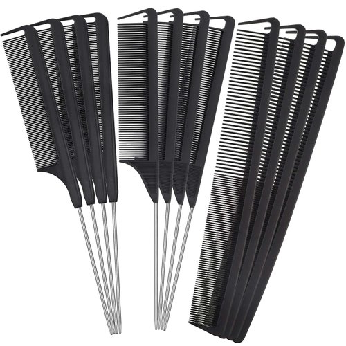 Patelai 12 Pieces Parting Comb for Braids Rat Tail Comb Steel Pintail Comb Fine Teeth Comb Heat Resistant Teasing Combs with Stainless Steel Pintail (Black)