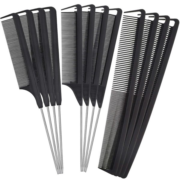 Patelai 12 Pieces Parting Comb for Braids Rat Tail Comb Steel Pintail Comb Fine Teeth Comb Heat Resistant Teasing Combs with Stainless Steel Pintail (Black)