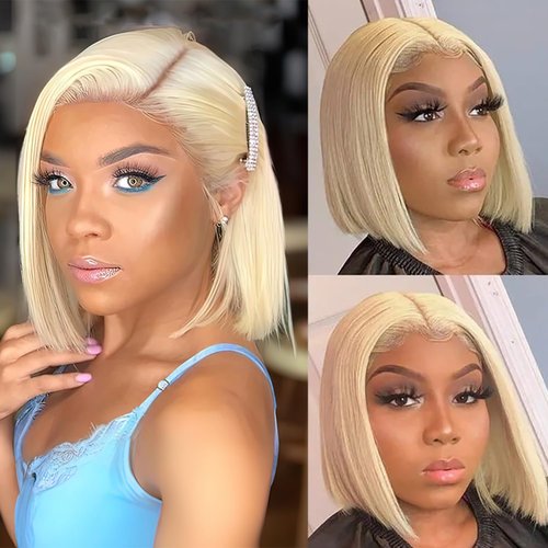 mogge Blonde Bob Wigs Human Hair 613 Blonde Bob Wig 13x4 HD Transparent Lace Front Bob Wigs For Women Pre Plucked With Baby Hair Glueless Short Straight Cut Bob Wig 10 Inch