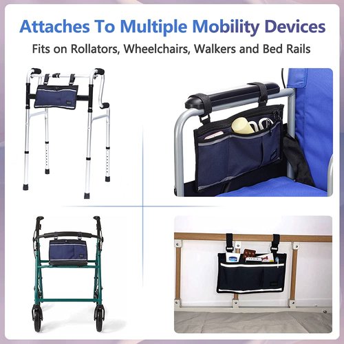 NEPPT Wheelchair Bag Walker Pouch for folding walker Electric Wheelchair Side Bag Scooter Power Chair Accessories Mesh Storage Organizer with Phone Holder for The Armrest Travel Saddle Bag (Dark Blue)
