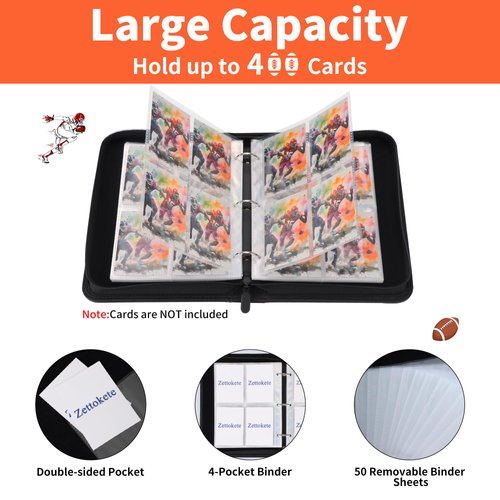 Zettokete 4 Pocket Football Card Binder,50 Double-Sided Pages with 400 Slots for Football Cards 2023-2024,Collectible Trading Card Sports Card Protective Holder