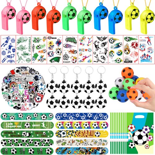 YUJUN 112 PCS Soccer Party Favors Set , Soccer Toy Soccer Fidget Spinners Slap Bracelet Whistle T...