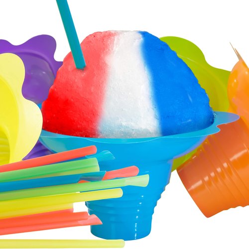 Leak Proof & Drip Catching, Super Cute Reusable 4oz Flower Snow Cone Cups with Straws 100 Pk, Colorful Easy Grip Bowls Perfect for Birthday Party, Summer Cookout, Shaved Ice, Snack, Ice Cream