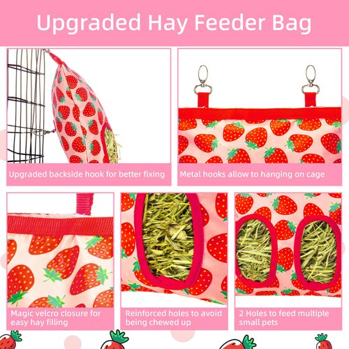 Terossy Rabbit Hay Feeder, Hanging Guinea Pig Hay Feeder Bag for Bunny Chinchilla Hamster with Back Hooks, 2 Holes, 9.8x11.4Inch