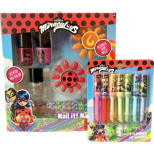 Zag Miraculous Ladybug Nail Polish Set and Lip Gloss Bundle- Includes 3 Nail Polishes, 2 Glitter Pots, 20 Faux Nails and Gemstone Sticker Sheet with 7 Flavored Lip Glosses, Medium