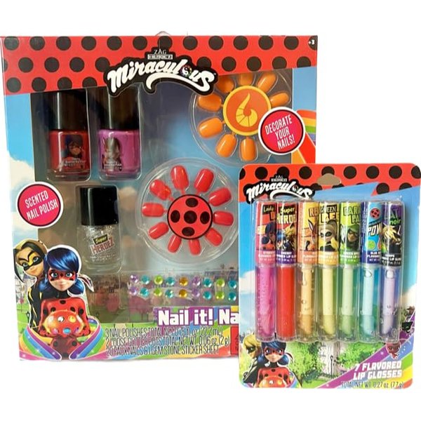 Zag Miraculous Ladybug Nail Polish Set and Lip Gloss Bundle- Includes 3 Nail Polishes, 2 Glitter Pots, 20 Faux Nails and Gemstone Sticker Sheet with 7 Flavored Lip Glosses, Medium