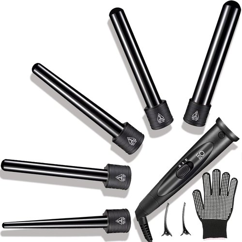 5 In 1 Curling Wand Set, Curling Iron Interchangeable Ceramic Barrels (0.35-1.25 Inch), Heating Hair Curler Kit with Protective Glove & 2 Clips Ceramic Coated for All Hair Types, Gift for Girls, Women
