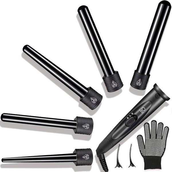 5 In 1 Curling Wand Set, Curling Iron Interchangeable Ceramic Barrels (0.35-1.25 Inch), Heating Hair Curler Kit with Protective Glove & 2 Clips Ceramic Coated for All Hair Types, Gift for Girls, Women