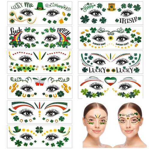 HOWAF 10 Sheets St Patrick's Day Face Tattoo Stickers,Shamrock Clover Facial Makeup Sticker Face Eye Tattoos for St. Patrick's Day Party Accessory, Irish Green Party Glitter Face Art Temporary Tattoos