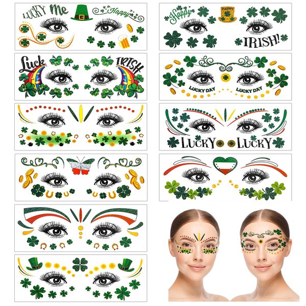 HOWAF 10 Sheets St Patrick's Day Face Tattoo Stickers,Shamrock Clover Facial Makeup Sticker Face Eye Tattoos for St. Patrick's Day Party Accessory, Irish Green Party Glitter Face Art Temporary Tattoos