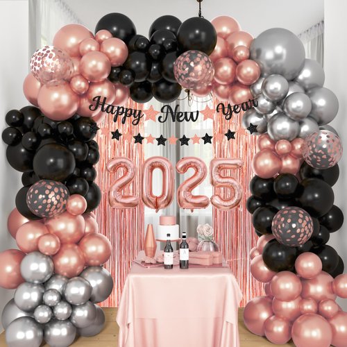 Amandir 136Pcs New Years Balloon Garland Arch Kit, Black and Rose Gold 2025 Number Foil Balloons, Happy New Year Banner, Rose Gold Fringe Curtain Backdrop for New Year Eve Party Decorations Supplies