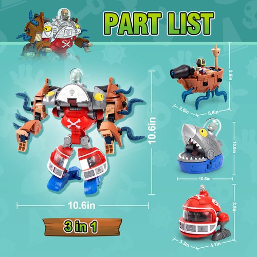 Maikerry 3-in-1 Plants & Zombies Toy Figure Set, Deformation Zombie Boss Robot, Action Figures, Birthday & Party Gifts for Boys & Girls