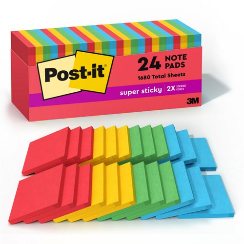 Post-it Super Sticky Notes, 3x3 in, 24 Pads, 2X the Sticking Power, Primary Colors (Red, Yellow, Green, Blue), Recyclable (654-24SSAN-CP)