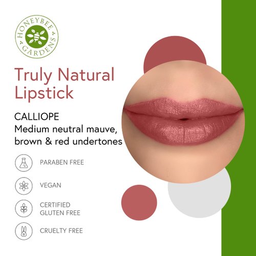 Honeybee Gardens Truly Natural Long Lasting Lipstick, Calliope, Medium Neutral Mauve, Naturally Hydrating & Nourishing, Vegan, Gluten-Free & Cruelty-Free, 0.13 oz / 3.8 g