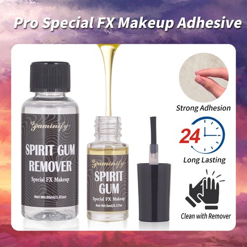 Paminify Spirit Gum Adhesive and Remover Kit - 5ml Spirit Gum + 30ml SFX Makeup Remover Set, Professional Prosthetic Make Up Glue for Halloween,Stage, Cosplay,Special FX Costume