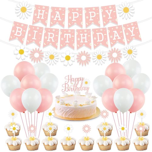 Daisy Flower Birthday Party Decorations, Daisy Happy Birthday Banner Daisy Flower Birthday Cake Cupcake Toppers for Hippie Themed Daisy Party Girl Baby Shower Birthday Boho Daisy Birthday Supplies