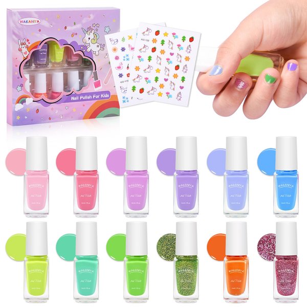 wakaniya Kids Nail Polish Set for Girls 12 Candy Colors Mini Nail Polish Kit, Non-Toxic Water-Based Peel-Off Quick Dry Nail Polish, Low Odor Nail Set Ages 3+