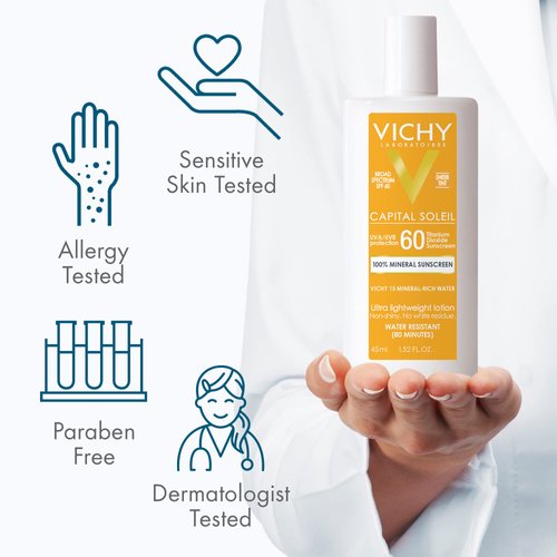 Vichy Capital Soleil Tinted Mineral Sunscreen for Face SPF 60, Titanium Dioxide Face Sunscreen, Travel Size Sunscreen, Water Resistant, Light weight Sun Protection Creams, Gels, & Lotions