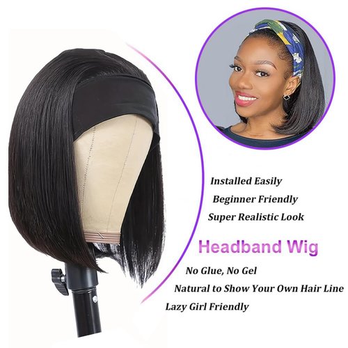 Feelgrace Short Bob Headband Wig Human Hair Wigs for Black Women Straight Headband Bob Wigs Human Hair None Lace Front Wigs Natural Color Human Hair Headband Wigs Bob Wigs 150% Density (8 Inch)