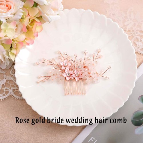 Yokawe Bridal Wedding Hair Comb Rose Gold Crystal Bride Side Combs Flower and Pearl Hair Accessories for Women and Girls