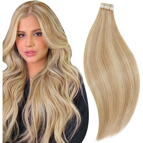RUNATURE Tape in Blonde Hair Extensions 18 Inch Human Hair Tape in Extensions Straight Light Blonde Highlighted Honey Blonde Seamless Skin Weft Tape Ins Human Hair Extensions 50g 20 Pieces