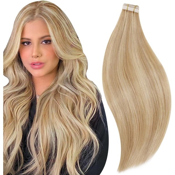 RUNATURE Tape in Blonde Hair Extensions 18 Inch Human Hair Tape in Extensions Straight Light Blonde Highlighted Honey Blonde Seamless Skin Weft Tape Ins Human Hair Extensions 50g 20 Pieces
