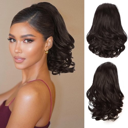 Stamped Glorious Ponytail Extension 10"Drawstring Ponytail Extension for Women Clip in Pony Tails Hair Extensions Curly Wavy Synthetic Hairpiece for Daily Party Use（10 Inch Brown)