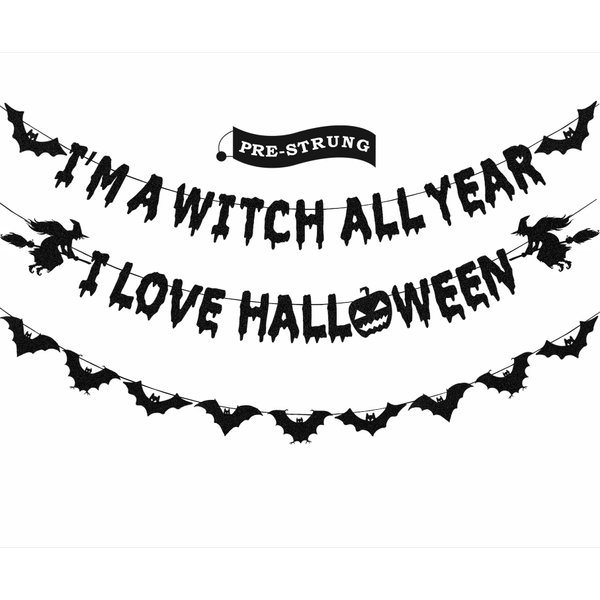 Halloween Decorations - Glittery Black I'm A Witch All Year I Love Halloween Banner, Halloween Garland with Halloween Bats for Halloween Party Decorations, Bats Wall Decor, Hocus Pocus Decorations