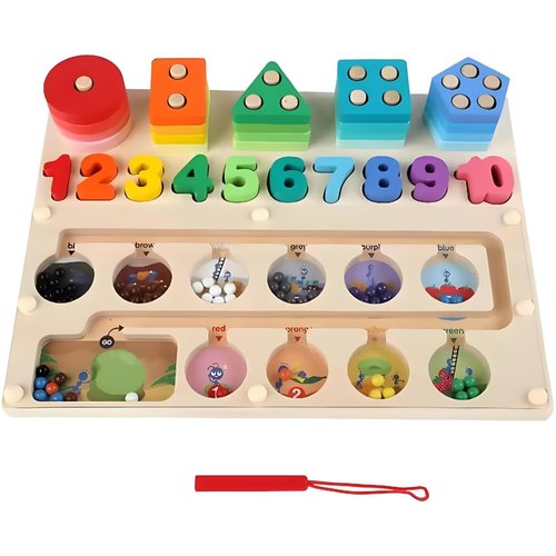 3-in-1 Magnetic Wooden Maze, Montessori Toys, Stacking Building Blocks Shape Sorter Number Board, Color Matching Educational Learning Toys for Kids, Toddler Gift, Toys for Boys Girls 3 4 5 Years Old
