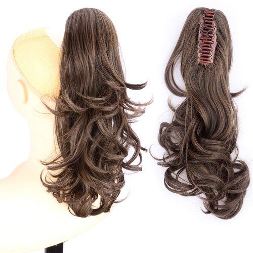 DIGUAN 13 Inches Ombre Claw Clip In Wavy Loose curly Synthetic Wrap Around Ponytail Extensions Short Pony Tail Clip In Extensions for Women Girl 4oz/115g (Copper Brown)