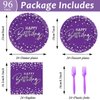Wiooffen 96PCS Purple Silver Birthday Paper Plates and Napkins Party Supplies Happy Birthday Party Decorations Disposable Birthday Party Tableware Dinnerware Set for Women Men Birthday Serve 24 Guests
