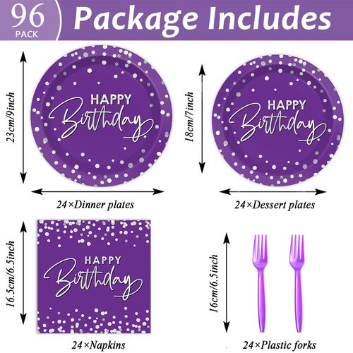 Wiooffen 96PCS Purple Silver Birthday Paper Plates and Napkins Party Supplies Happy Birthday Party Decorations Disposable Birthday Party Tableware Dinnerware Set for Women Men Birthday Serve 24 Guests