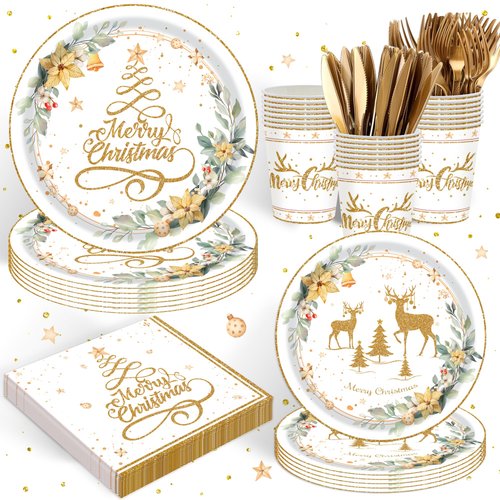 120PCS Christmas Party Supplies White Golden Merry Xmas Themd Party Decorations for Winter Holiday Festival Family Gathering Tableware Set Plates Napkin Cups Set for 20 Guests