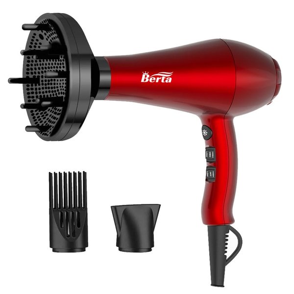BERTA Professional Hair Dryer 1875W Tourmaline Ceramic & Negative Ionic Hair Blow Dryer, 2 Speed 3 Heat Settings Cool Button with 4 Attachments
