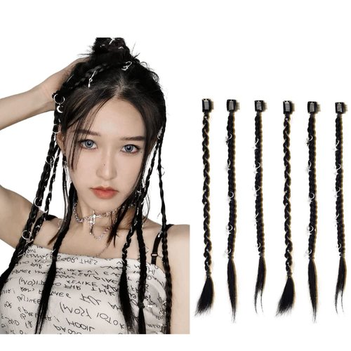 6pcs Synthetic Braid Y2K Female Ponytail Playful and Cute Simulation Boxing Braid Signle Clip Ombre Color DIY Hair Extensions (Metal Random)