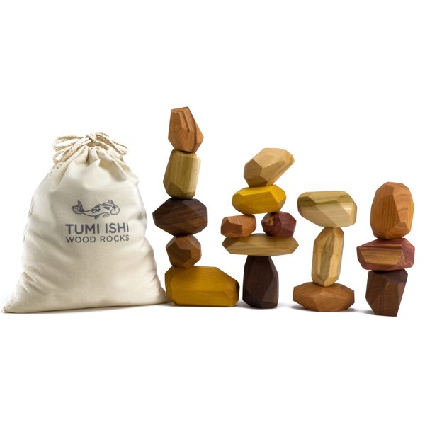 Tumi Ishi 17 Piece Natural Wooden Balancing Block Set - Sensory Educational Natural Wood Toy Stacking Game - Mixed Wood Species - USA Made - Jojoba Oil and Beeswax Finish - Wood Stone Building Blocks