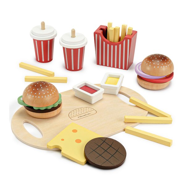 Pillowhale Wooden Play Food Toy for Kids Pretend Play Kitchen Accessories for Toddlers Wooden Play Fast Food Hamburger Set Educational Toys Gift for Boys Girls
