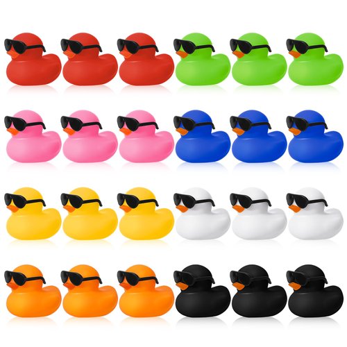 Hoemwarm 24 Set Mini Rubber Ducks with Sunglasses, Mini Rubber Duck in Bulk Tiny Duck Bath Rubber Duck for Car Dashboard Decorations Cruise Birthday Party Favors(8 Colors)