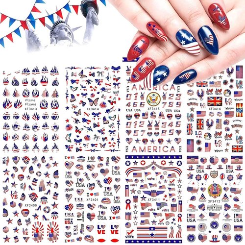 8sheets 4th of July Nail Art Stickers 3D Self-Adhesive American Flag Patriotic Independence Day Nail Decals USA Flags Butterfly Heart Star Nail Design I Love America for Memorial Day DIY Manicure