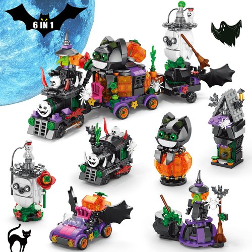 6IN1 Halloween Train Building Kit Compatible with Lego, 6 Halloween Party Favors Nightmare Before Christmas Stacking Blocks -Ghost-Haunted House-Bat Car-Wizard-Pumpkin Cat-Demon Train Gift(602PCS)