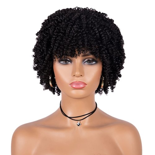 Unonet Afro Wig Short Curly Wigs Synthetic Hair Wigs for Black Women, Short Curly Afro Wigs with Bangs Natural Curly Cosplay Party Daily Use (Black)
